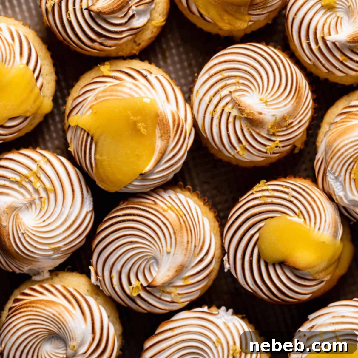 Lemon meringue cupcakes topped with toasted meringue and lemon curd.