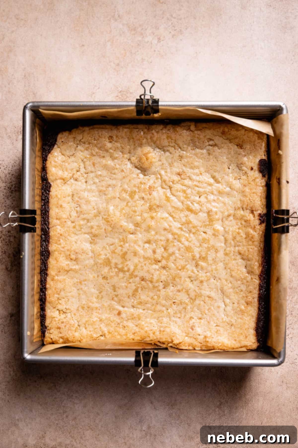 Baked smores bars in a metal baking pan with a lightly golden brown top.