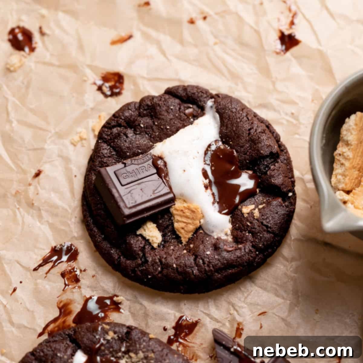 A freshly baked chocolate s'mores cookie on parchment paper, showing a golden brown edge and soft center.