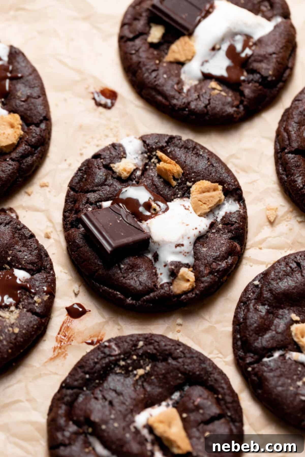 Freshly baked double chocolate s'mores cookies cooling on brown parchment paper, topped with melted chocolate chunks.