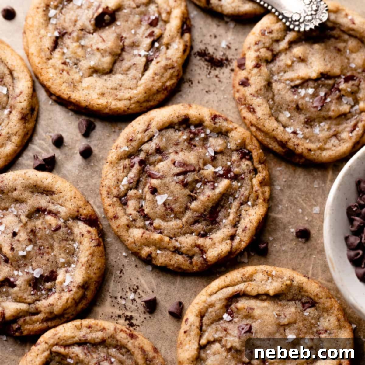 Coffee Kissed Chocolate Chip Cookies 7 espresso chocolate chip cookies sprinkled with flaky sea salt, arranged on a cooling rack.