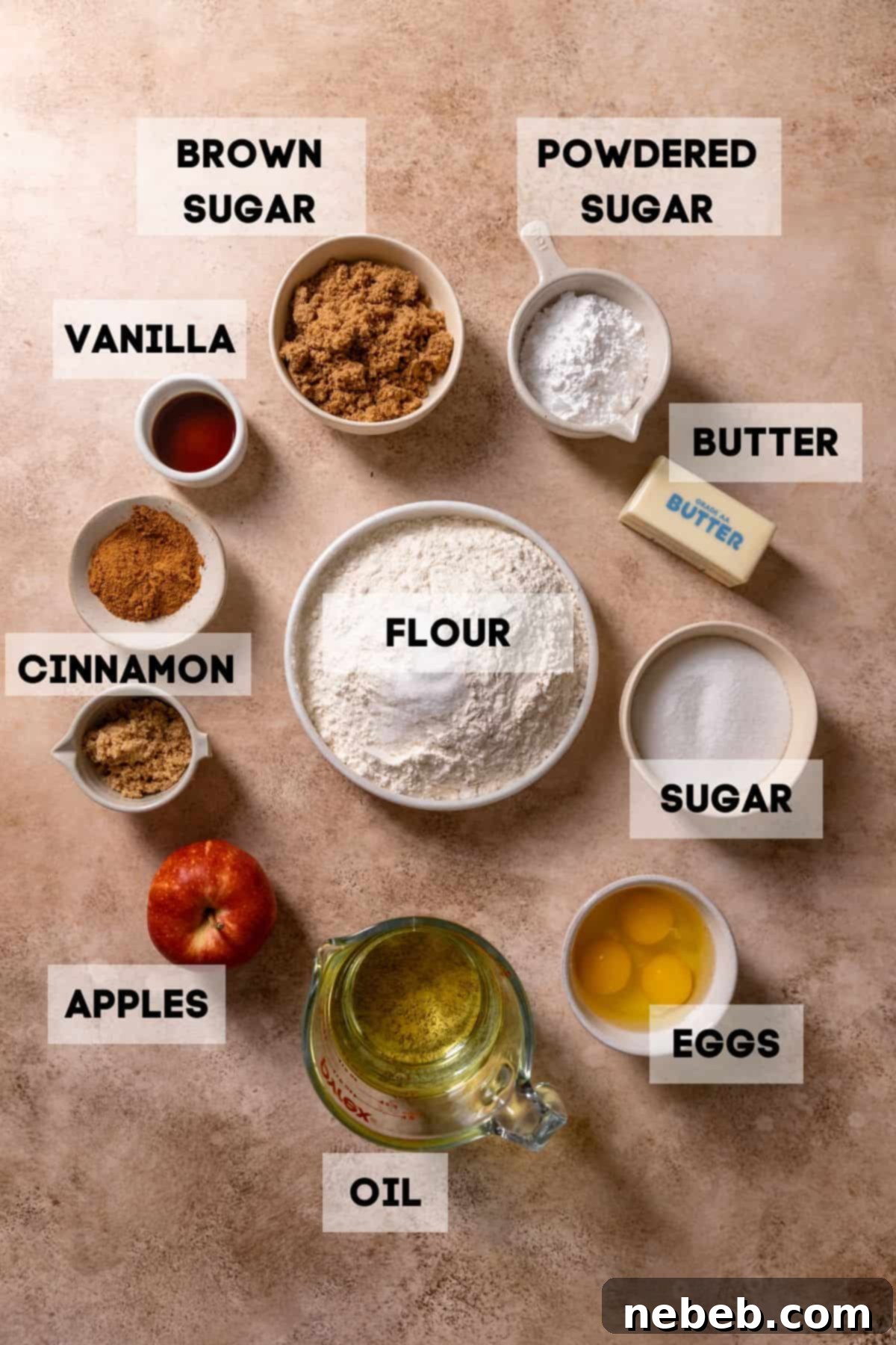 Best Ever Cinnamon Apple Cake 3 Bowls of ingredients for apple cake, including grated apples, oil, brown sugar, flour, and spices.