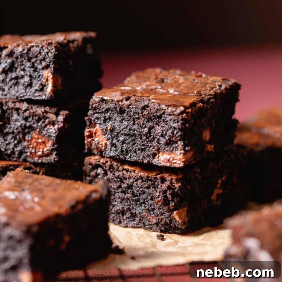 Black cocoa miso brownies on brown parchment paper.
