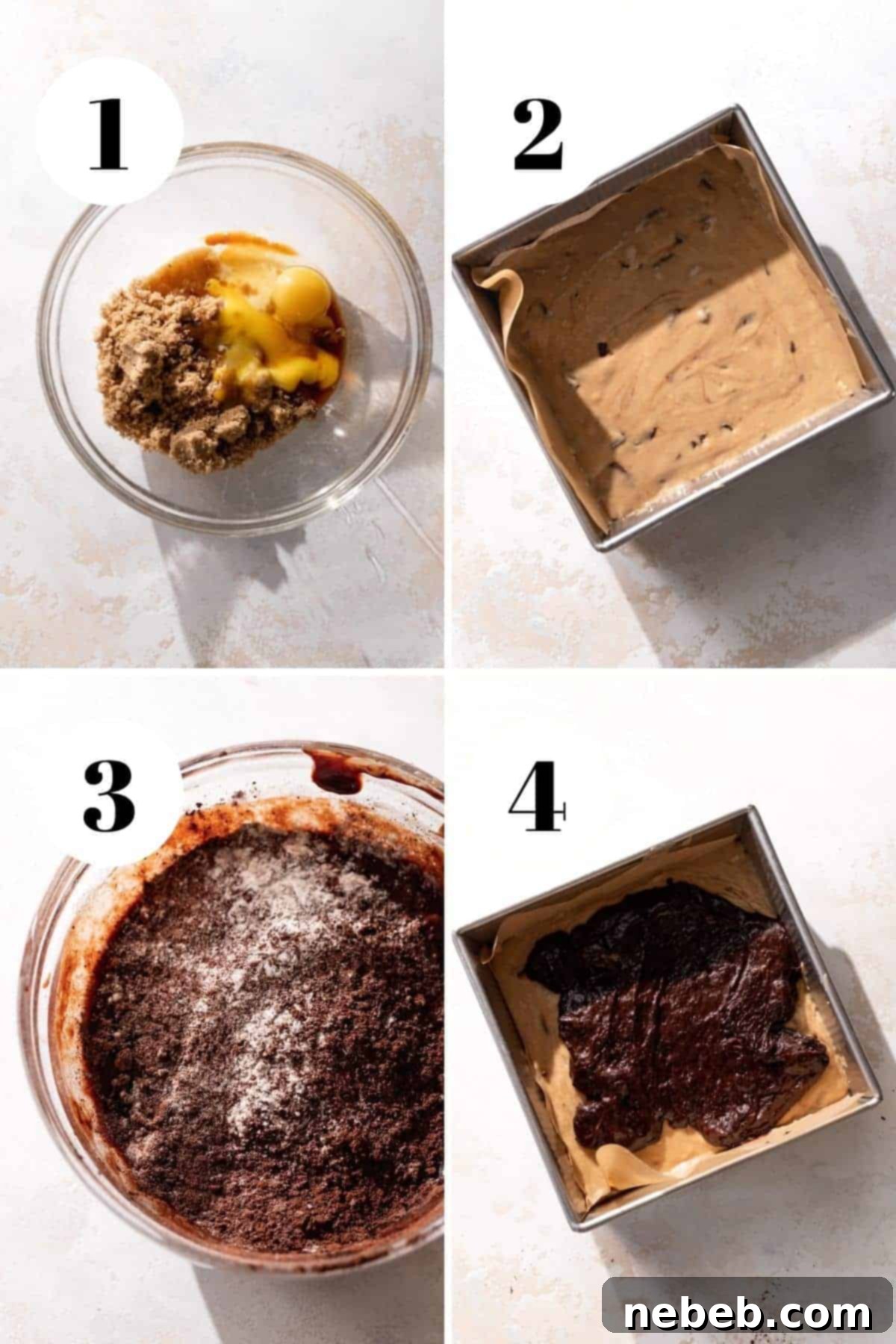 Brownie Blondie Bliss 4 A process collage showing the careful preparation of the blondie batter, from whisking wet ingredients until light and fluffy, to mixing in the dry ingredients and chopped chocolate, ready for layering into the pan.