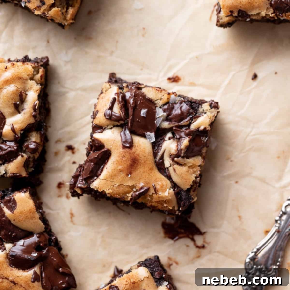 Brownie Blondie Bliss 8 Perfectly portioned brownie blondies, generously sprinkled with flaky sea salt, ready to be enjoyed as a delightful half-and-half dessert.