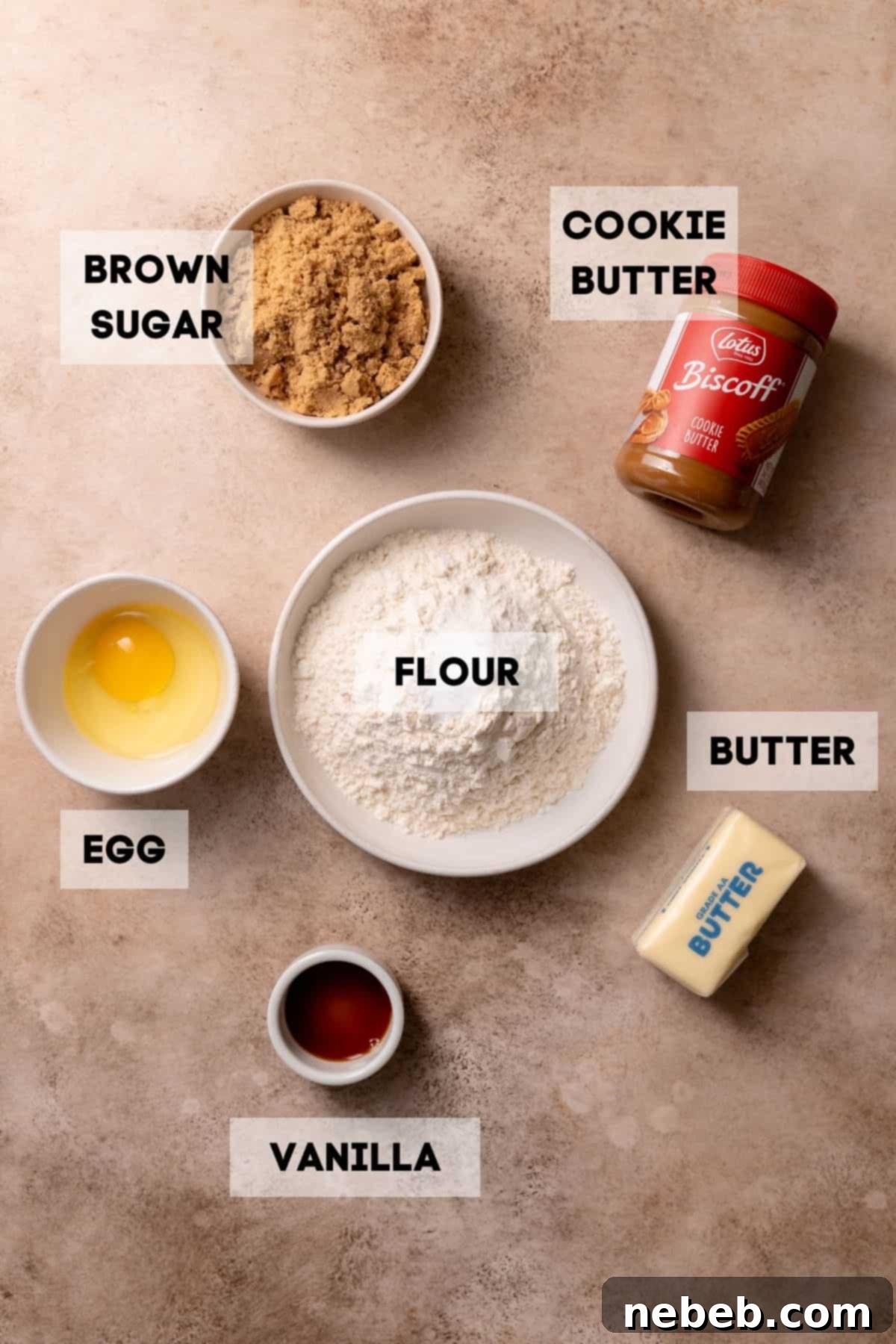 Biscoff butter cookie ingredients in bowls with labels.