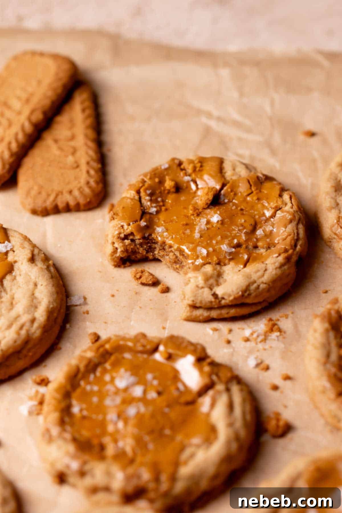 A cookie butter cookie on brown parchment paper with a bite taken out of it.