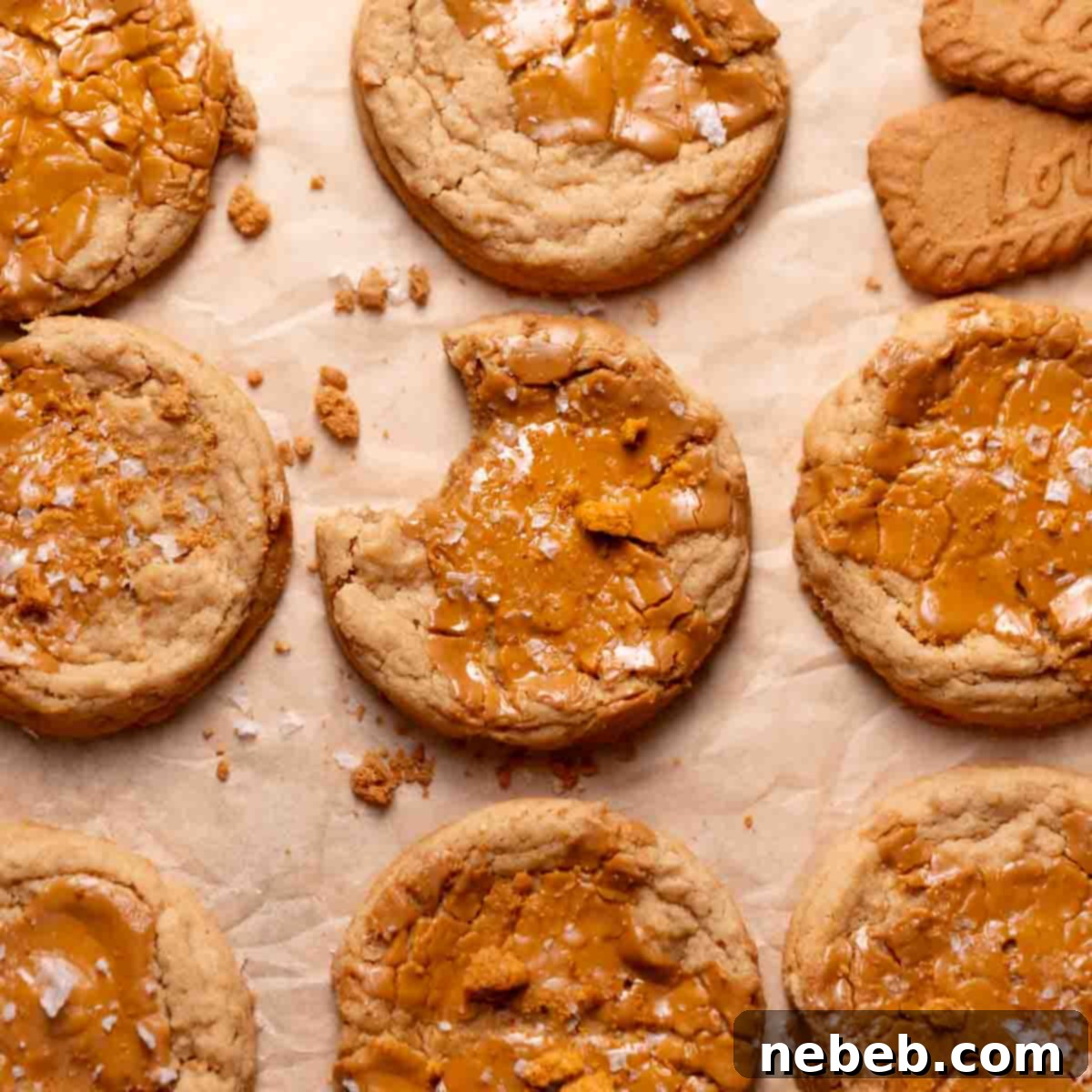 Biscoff butter cookies on a baking tray with melted cookie butter on top of each one.