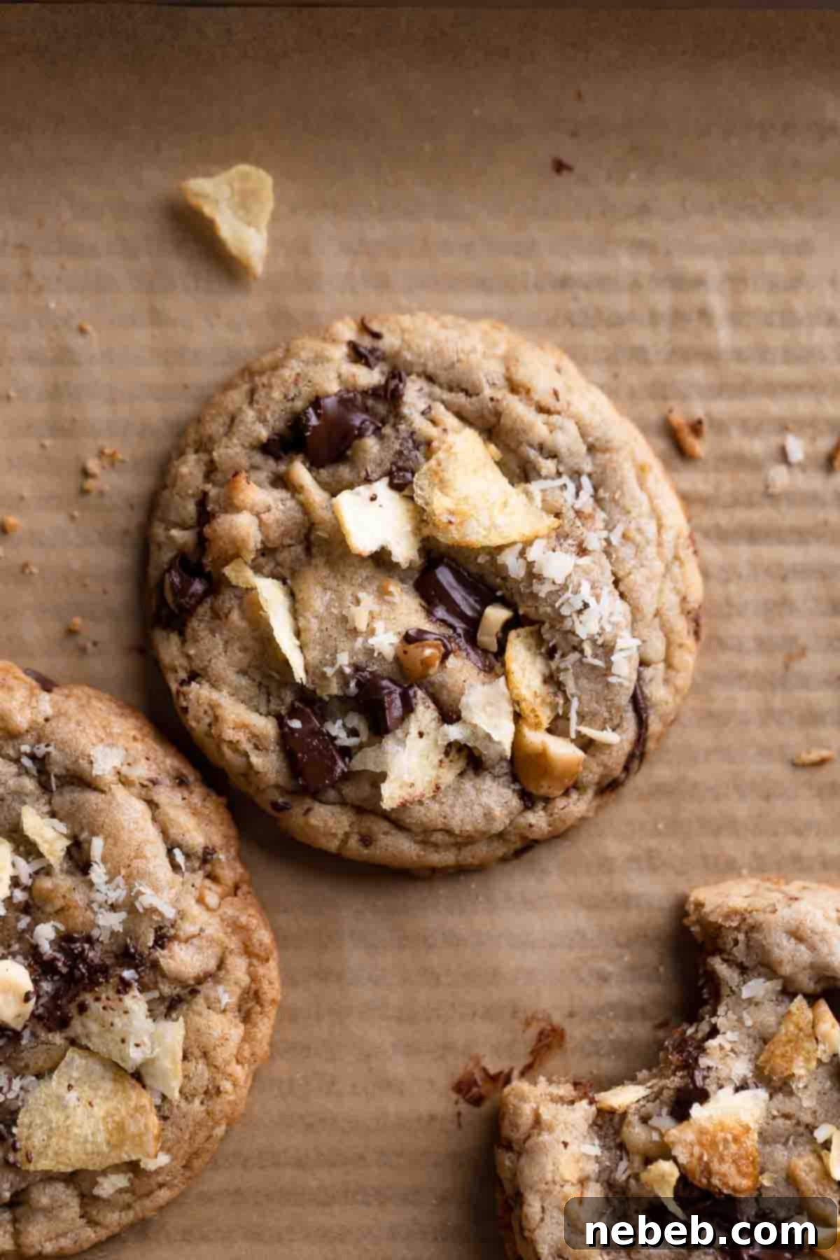 A million dollar cookie topped with extra chocolate, walnuts, and chips, showcasing its rich texture and generous toppings.