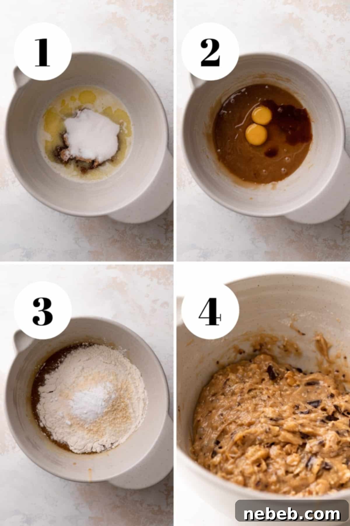 A process collage showing the steps for making million dollar cookie dough, from combining wet ingredients to folding in toppings.