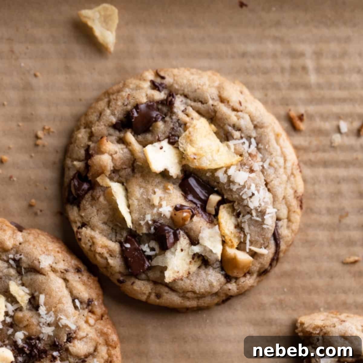 A million dollar cookie topped with extra chocolate, walnuts, and chips, emphasizing its delicious texture and generous toppings.