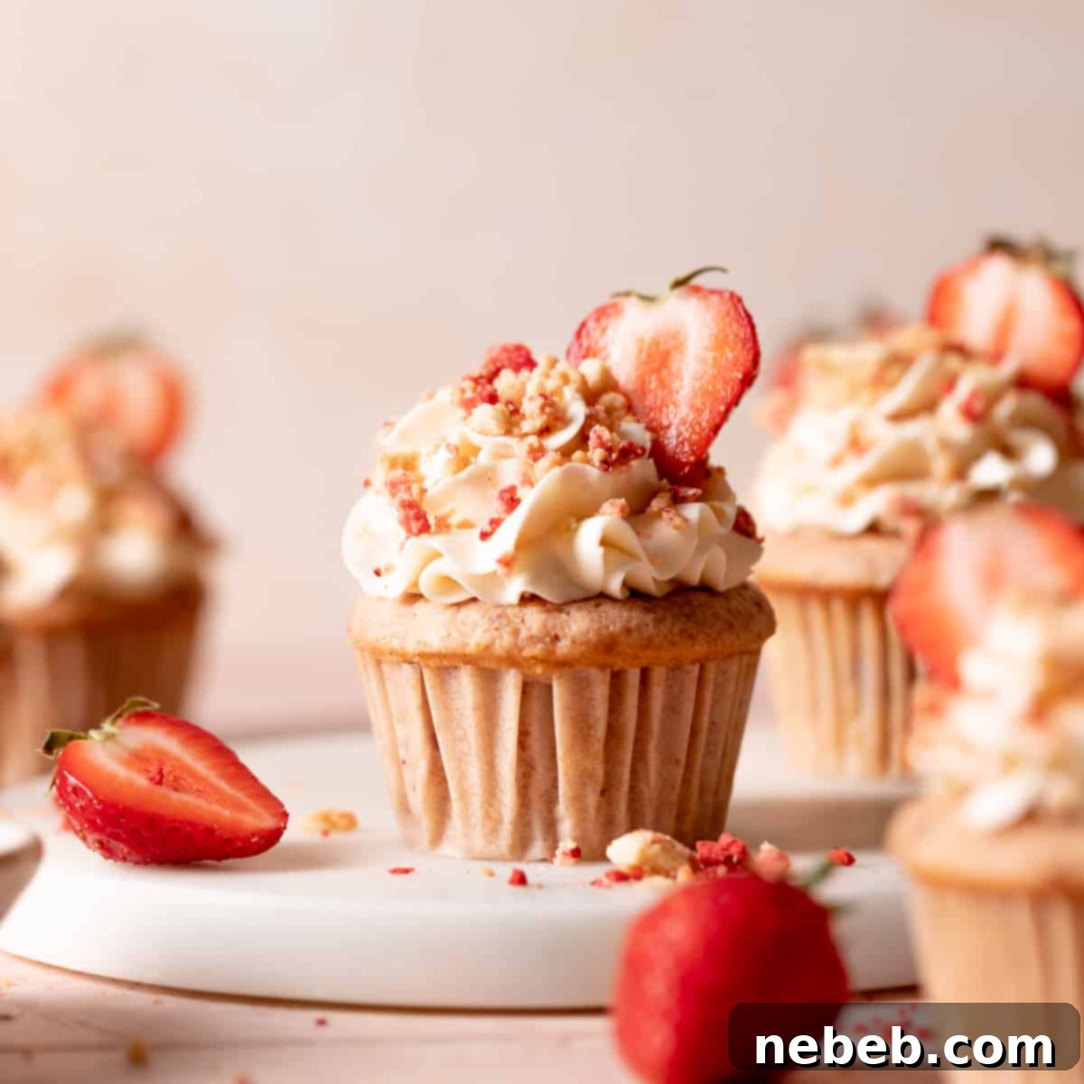 Golden Crunch Strawberry Cupcakes 12 Strawberry crunch cupcakes with vanilla frosting and crunch topping on a white platter.