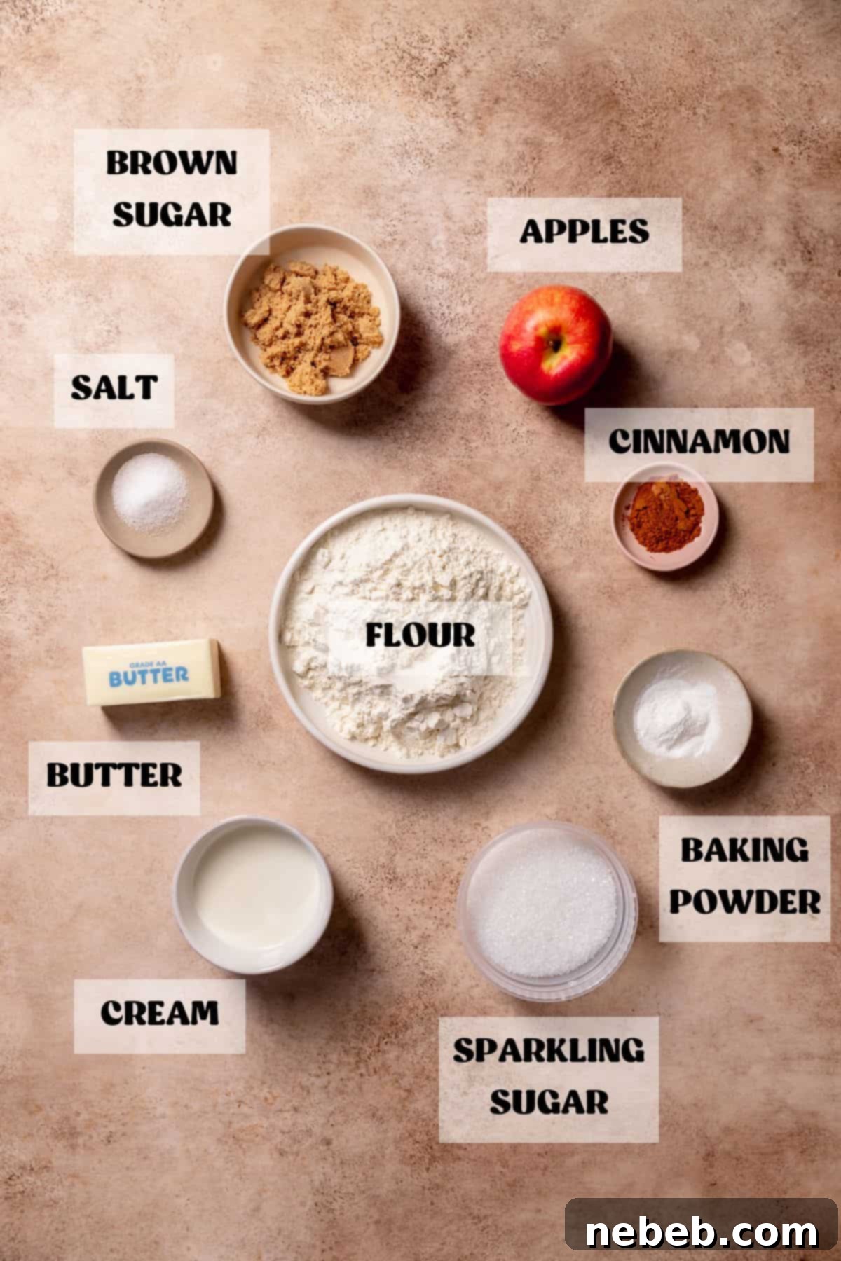 Ingredients to make apple scones with cinnamon in bowls with labels.