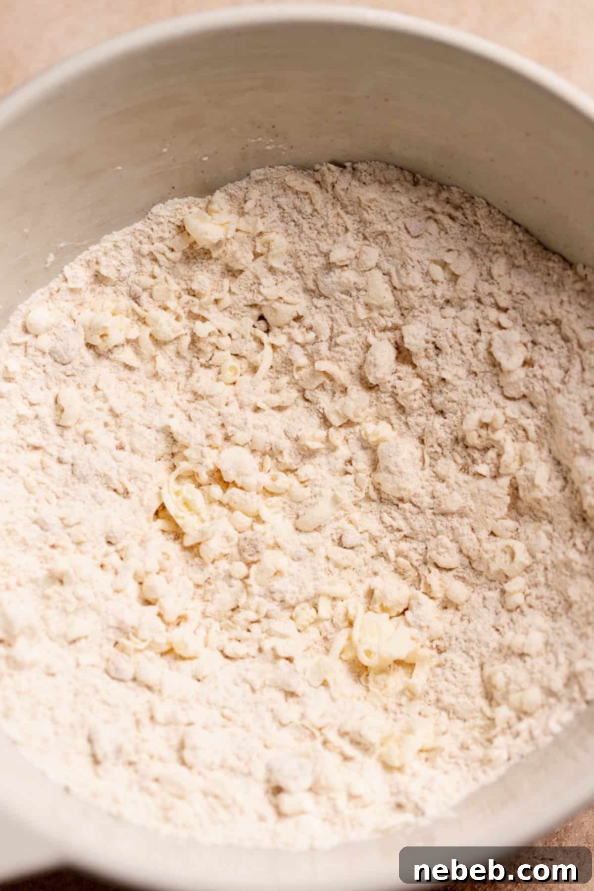 A mixing bowl with the scone dough after mixing in the cold butter.