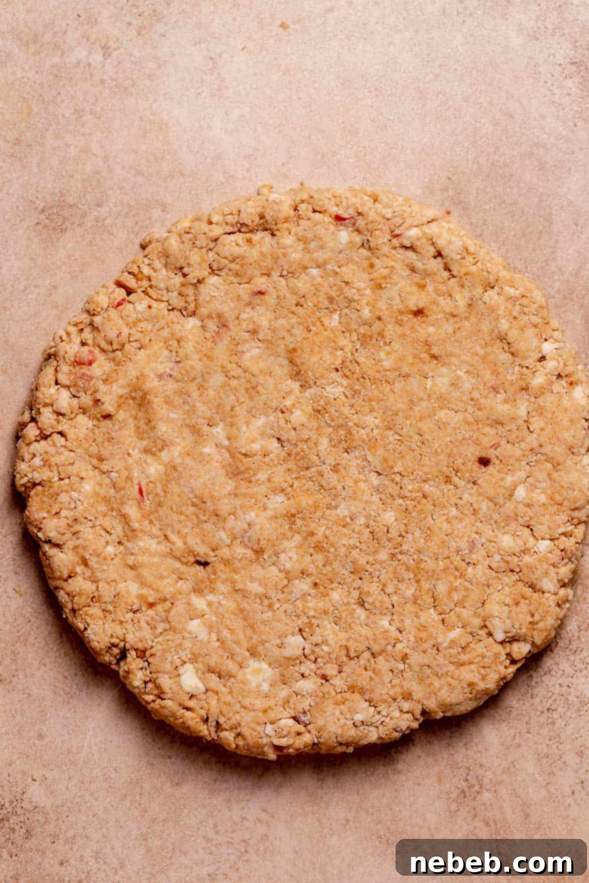 Apple scone dough shaped into a circle before cutting.