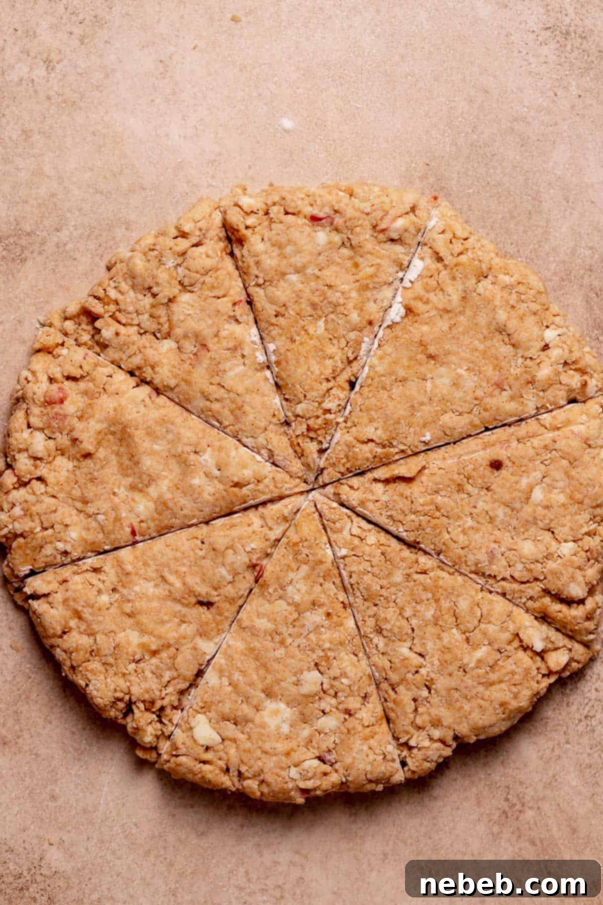 The scone dough cut into 8 segments.