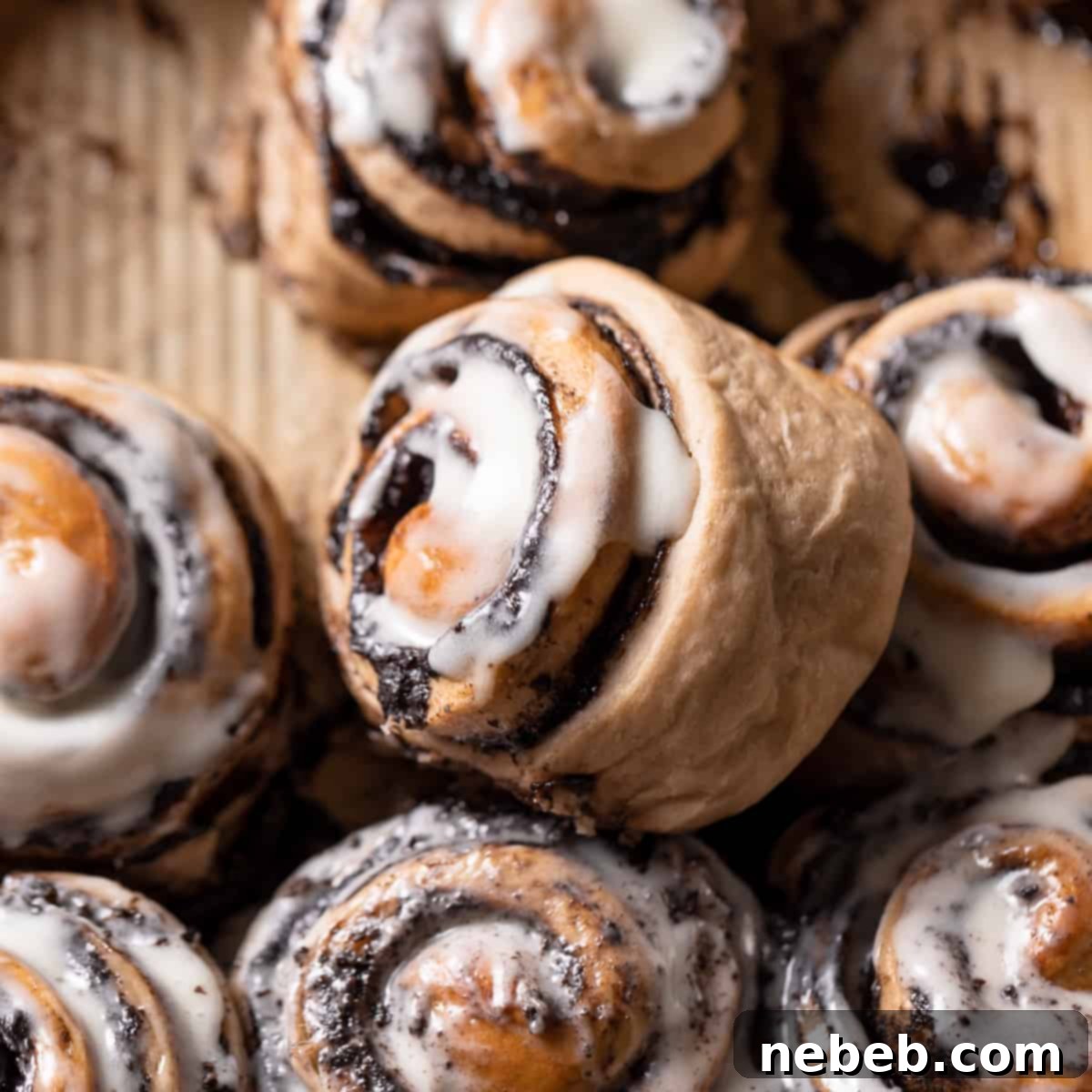 Cookies and cream cinnamon rolls with cream cheese icing.