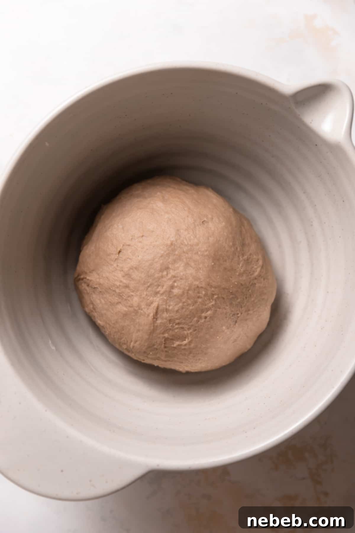 A round, smooth dough ball resting in a mixing bowl, covered for its initial rise.