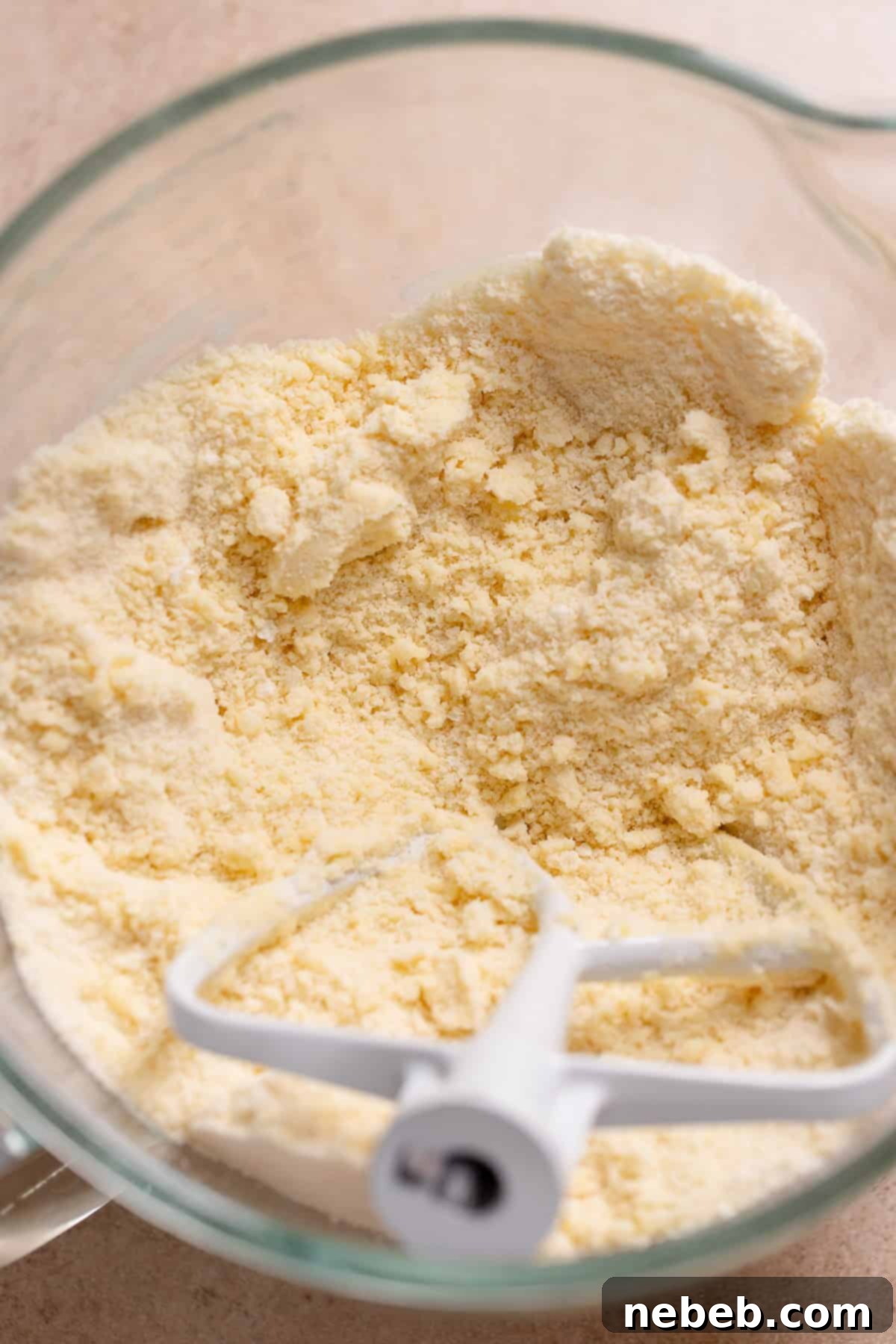 A stand mixer bowl showing dry ingredients and butter mixed together, forming a coarse, sandy texture.