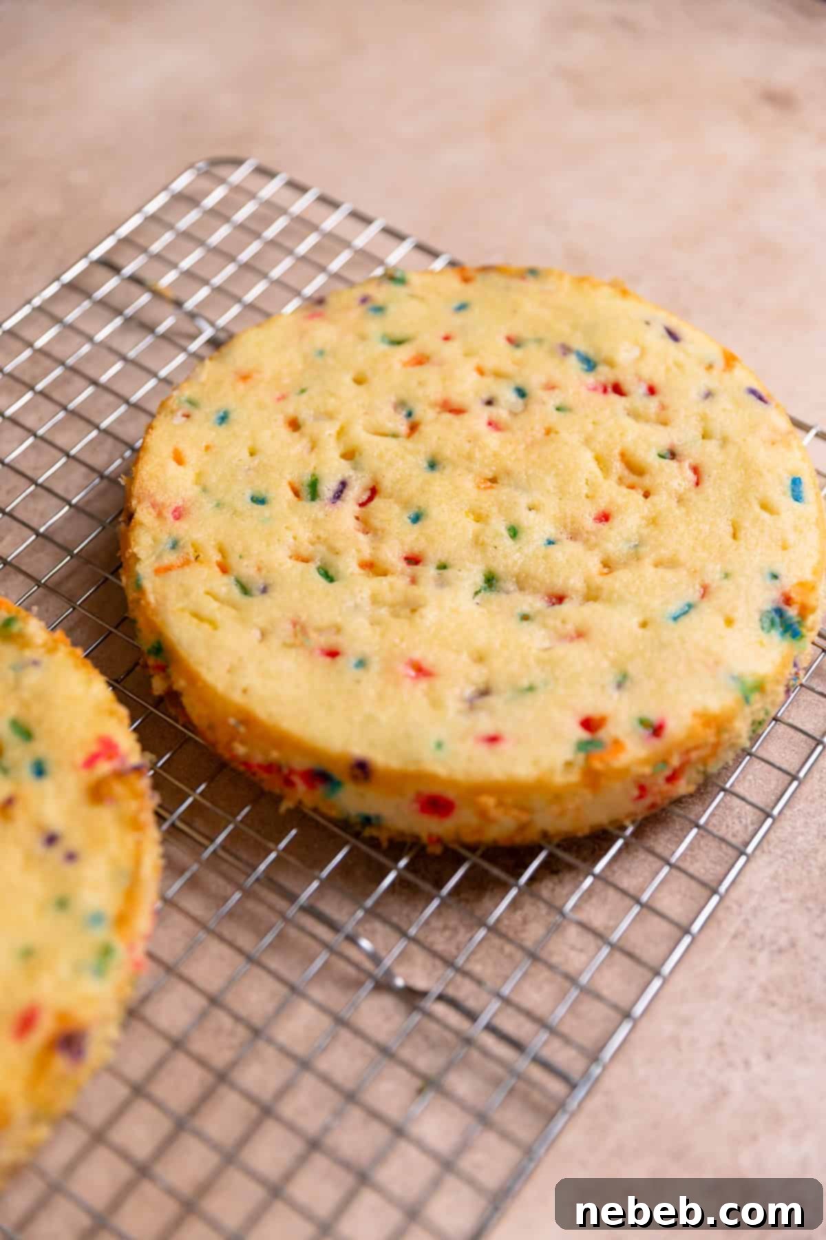 Three layers of freshly baked funfetti cake cooling on a wire rack, ready for frosting.