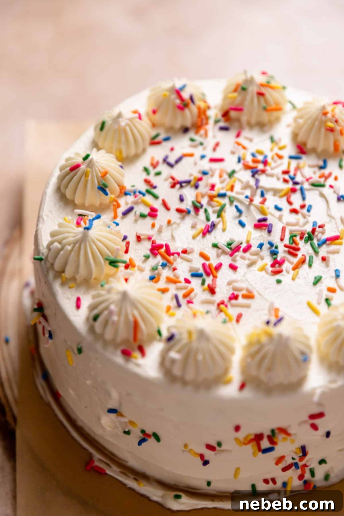 A stacked funfetti cake with generous dollops of vanilla buttercream between layers, ready for final frosting and decoration.