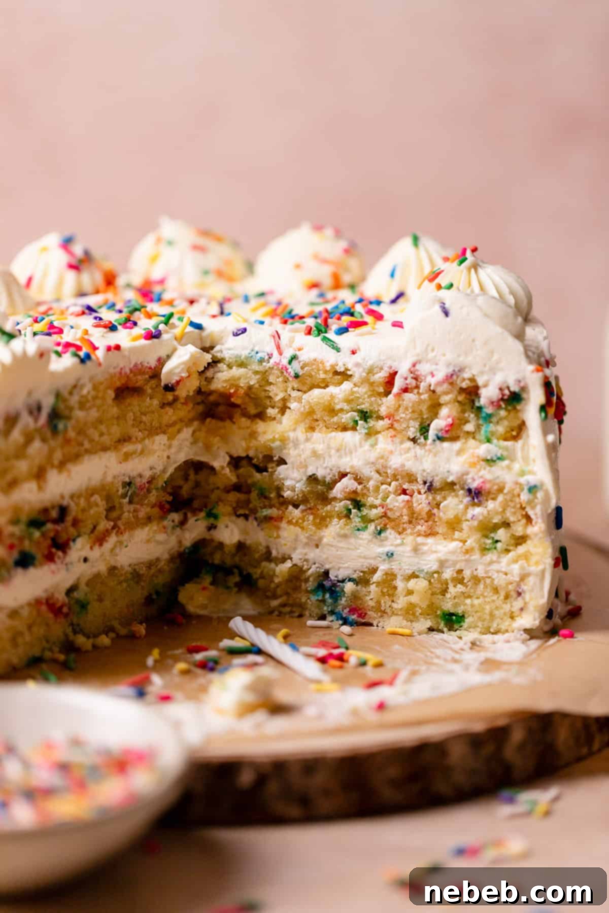 A beautifully decorated funfetti cake adorned with rainbow sprinkles, sitting on a cake stand, with several slices already removed, indicating its deliciousness.