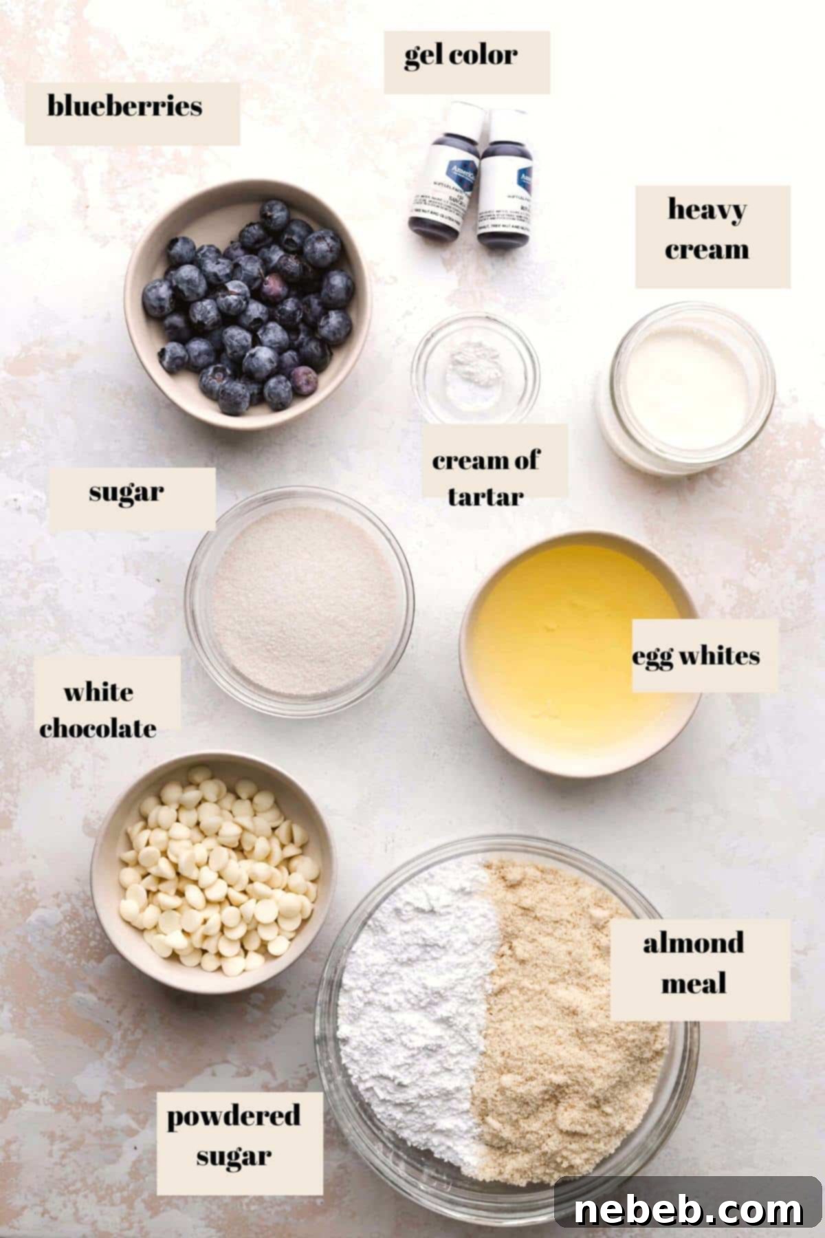 ingredients needed to make the blueberry macarons.