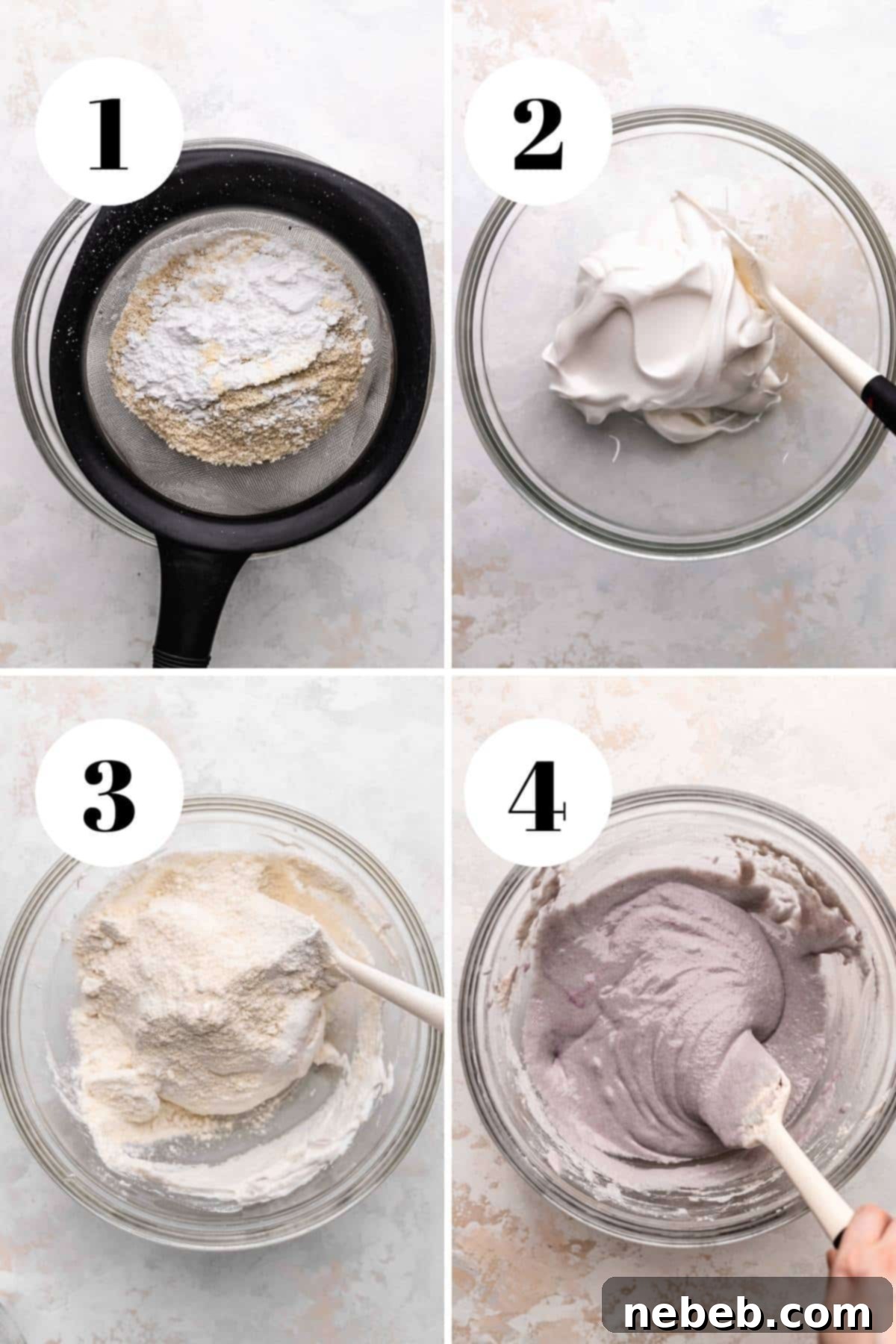 a collage of the steps for making blueberry macarons.
