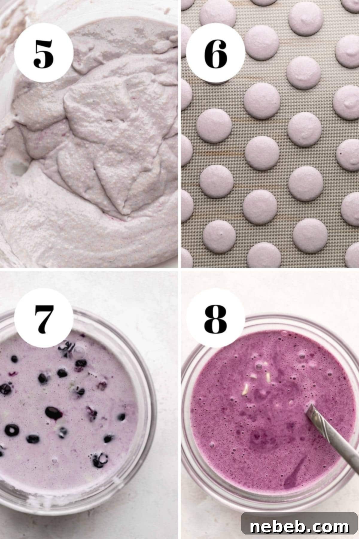 a collage of the steps for making blueberry macarons.