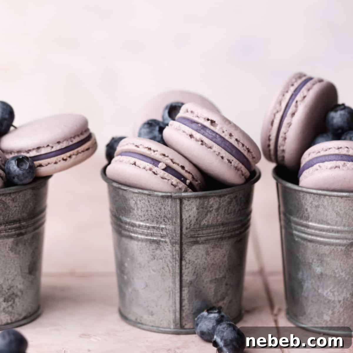 blueberry macarons filled with blueberry ganache in metal cups.