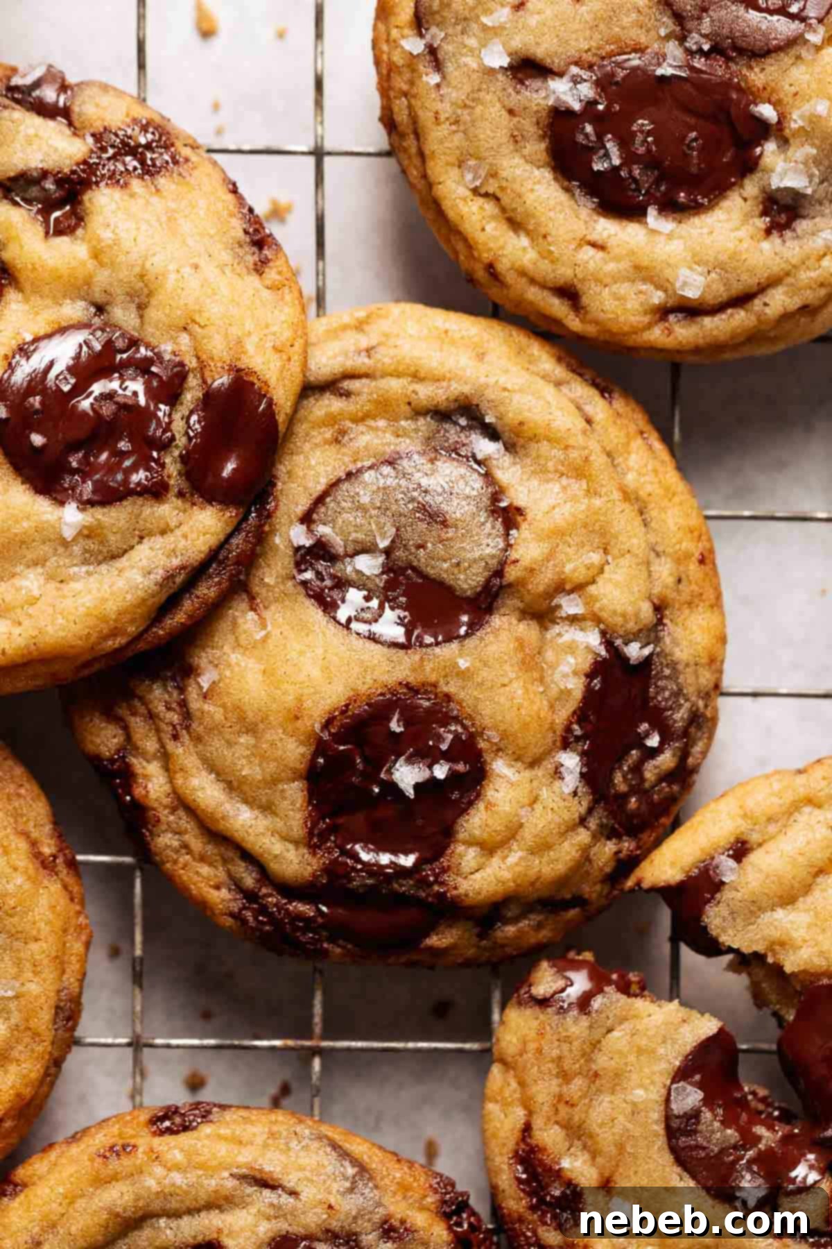 Chocolate miso cookies on a wire cooling rack.