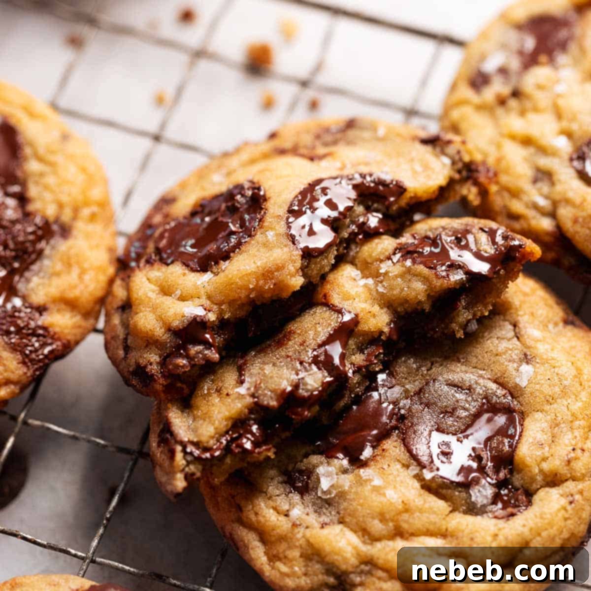 Brown butter miso cookies broken in half to show the gooey chocolate centers.