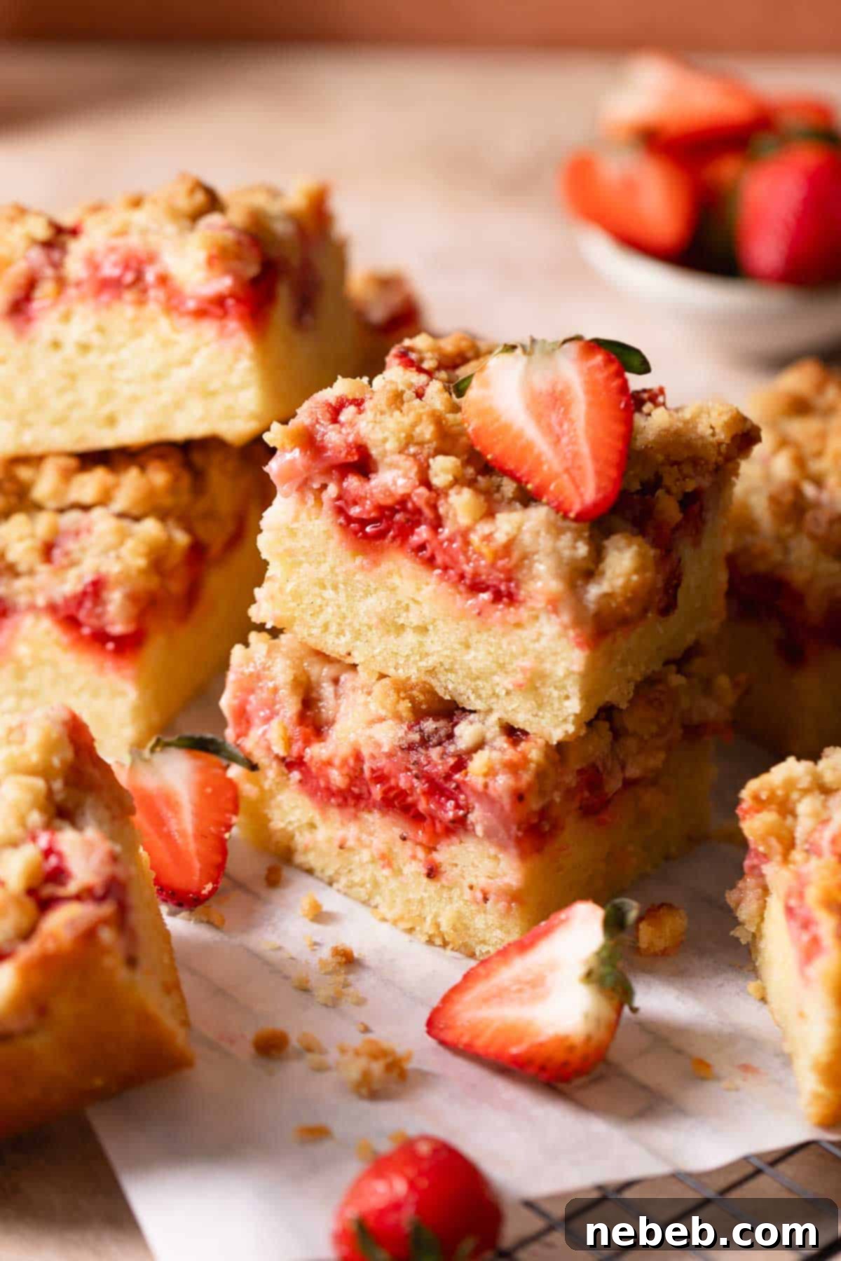 Stacked slices of strawberry crumb cake, showcasing the layers of cake, strawberries, and crumb topping.