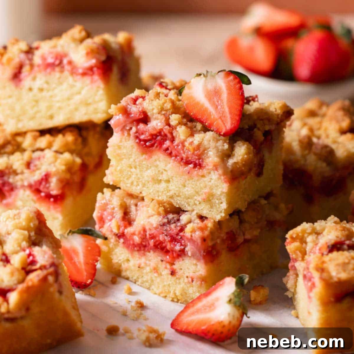 Slices of strawberry crumb cake with fresh strawberries on top on a wire rack.