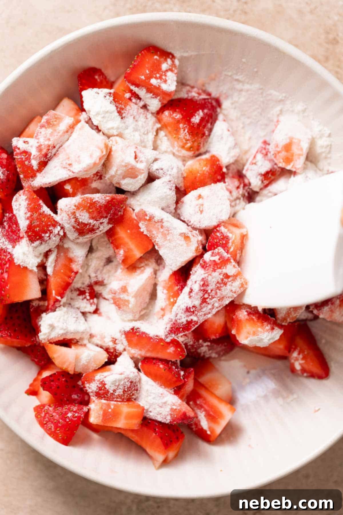 Chopped strawberries being tossed with flour and sugar in a bowl to macerate them.