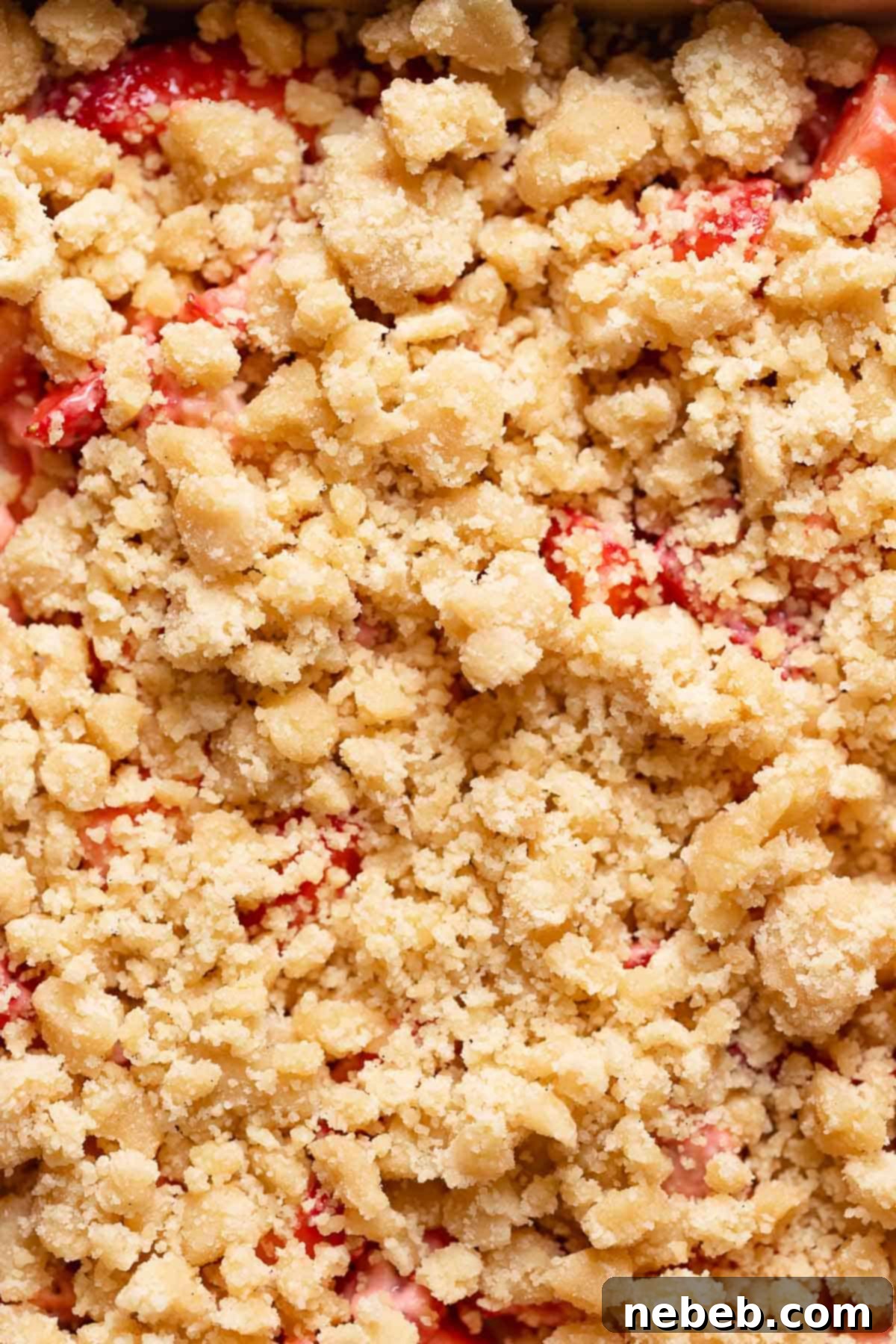A close-up shot of the crumb topping generously sprinkled over the strawberry layer.