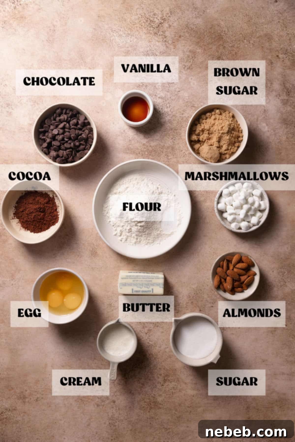 Ingredients needed to make brownies with marshmallows and almonds in bowls with labels.