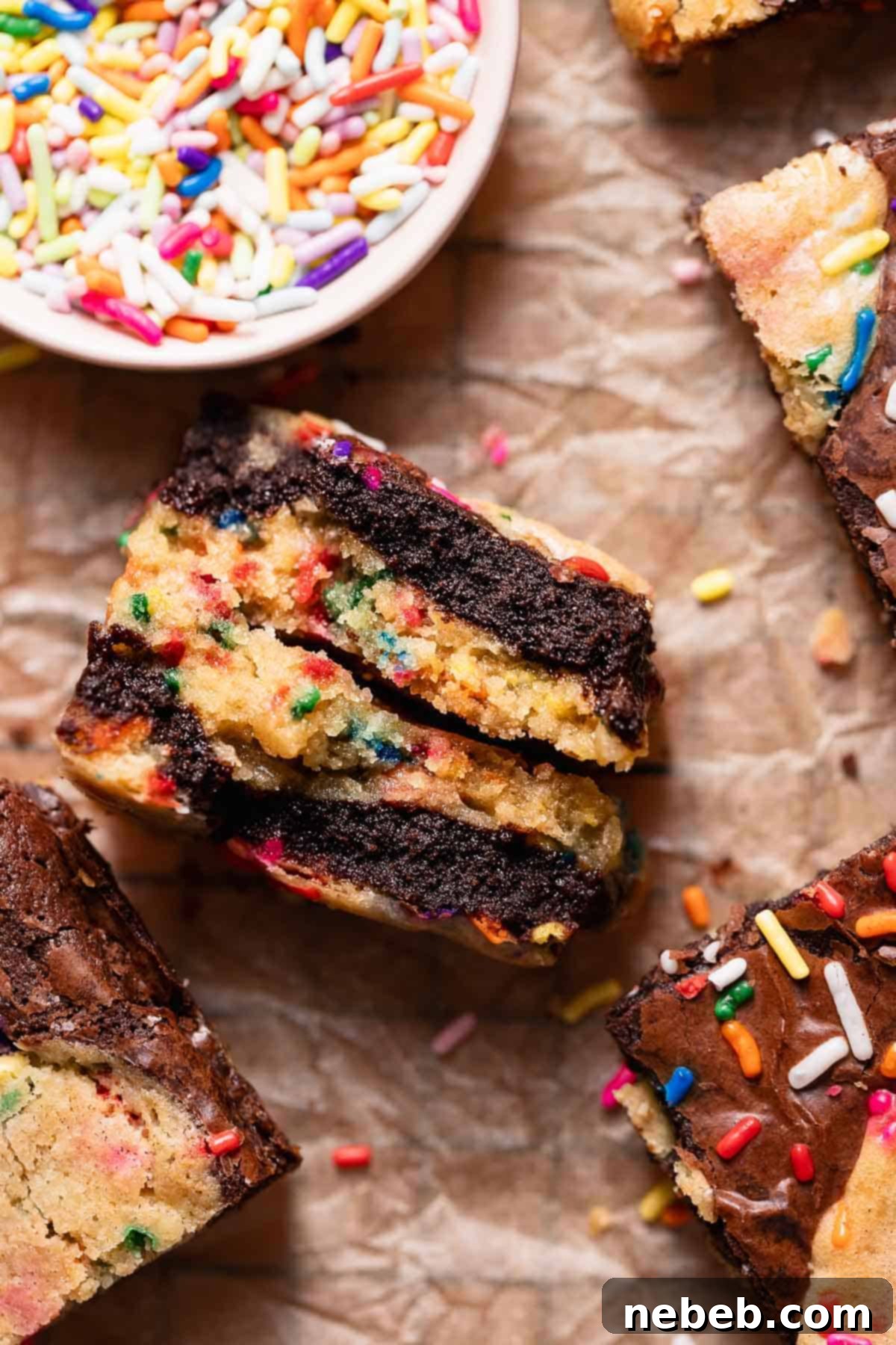 A birthday cake brownie split in half to show the fudgy texture, revealing sprinkles and layers.