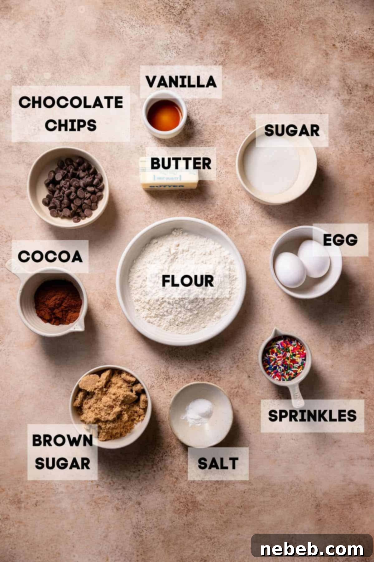 Ingredients for birthday cake brownies arranged in bowls, ready for use.