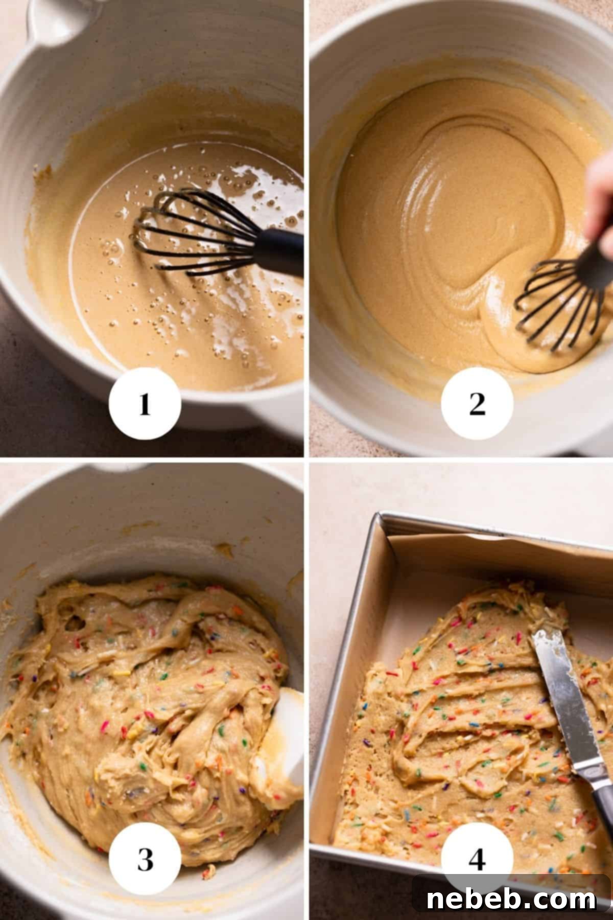 A process collage of the steps for making the funfetti cookie dough layer: whisking wet ingredients, adding melted butter, folding in dry ingredients, and spreading into the pan.