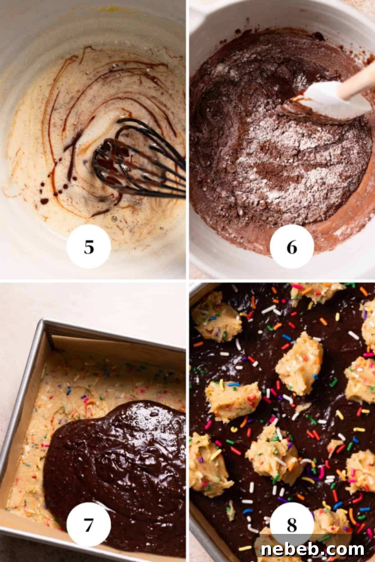 A process collage of the steps for making the sprinkle brownie batter: whisking wet ingredients, adding melted chocolate, folding in dry ingredients, and layering.