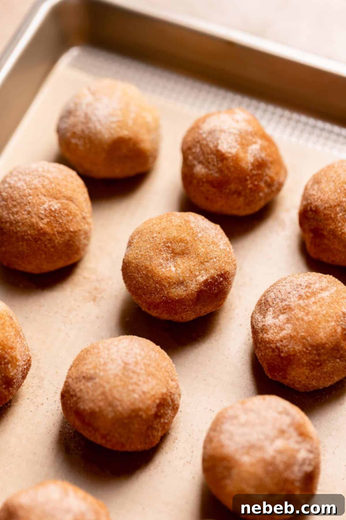Perfect Brown Butter Snickerdoodles 7 Snickerdoodle cookie dough balls on a baking sheet.