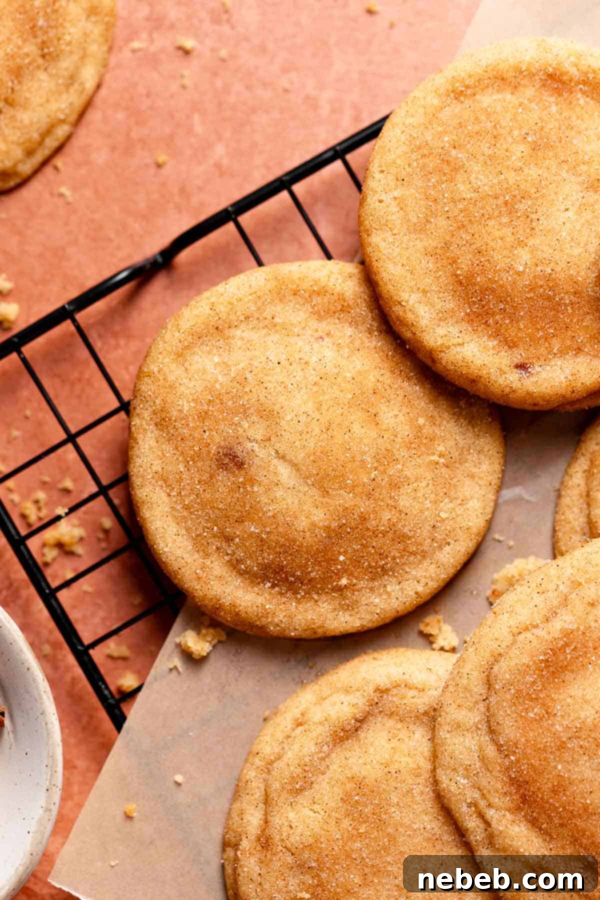 Perfect Brown Butter Snickerdoodles 9 Brown butter snickerdoodle cookies on a wire cooling rack.