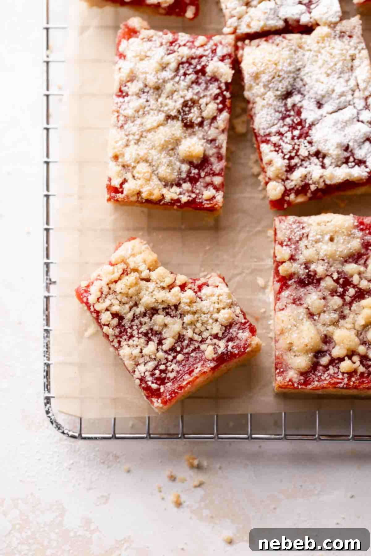 Delicious plum bars stacked on a wire cooling rack, dusted with powdered sugar.