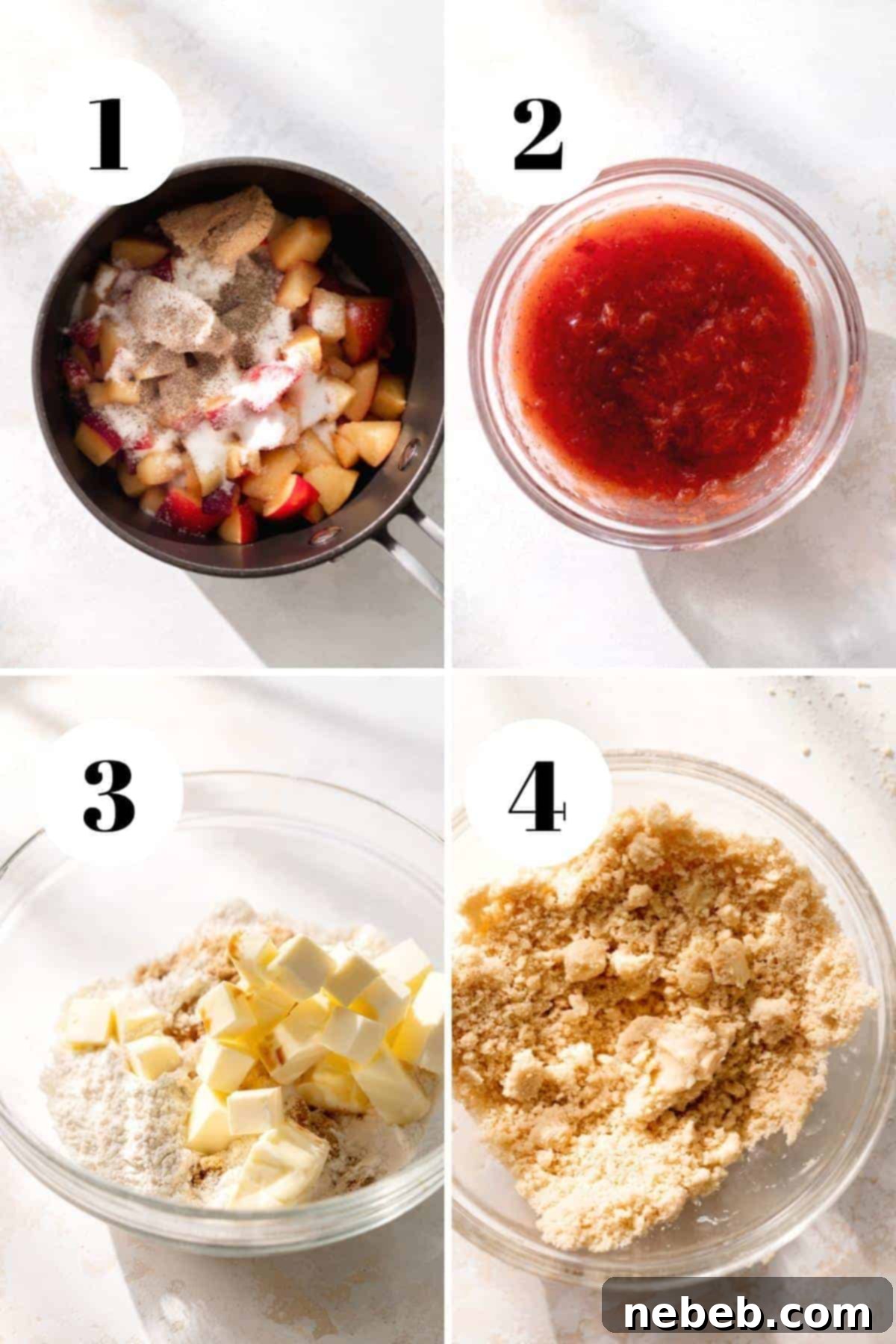 Process collage showing steps for making plum jam for shortbread bars.