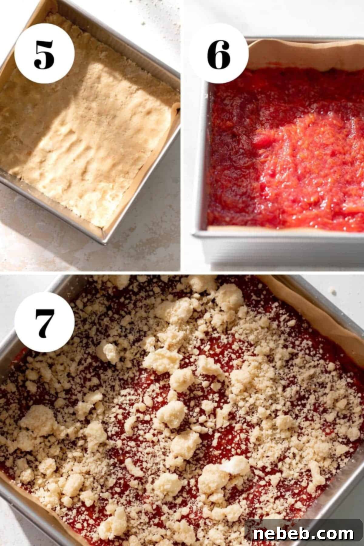 A process collage detailing how to assemble plum shortbread bars, showing the crust and jam layers.