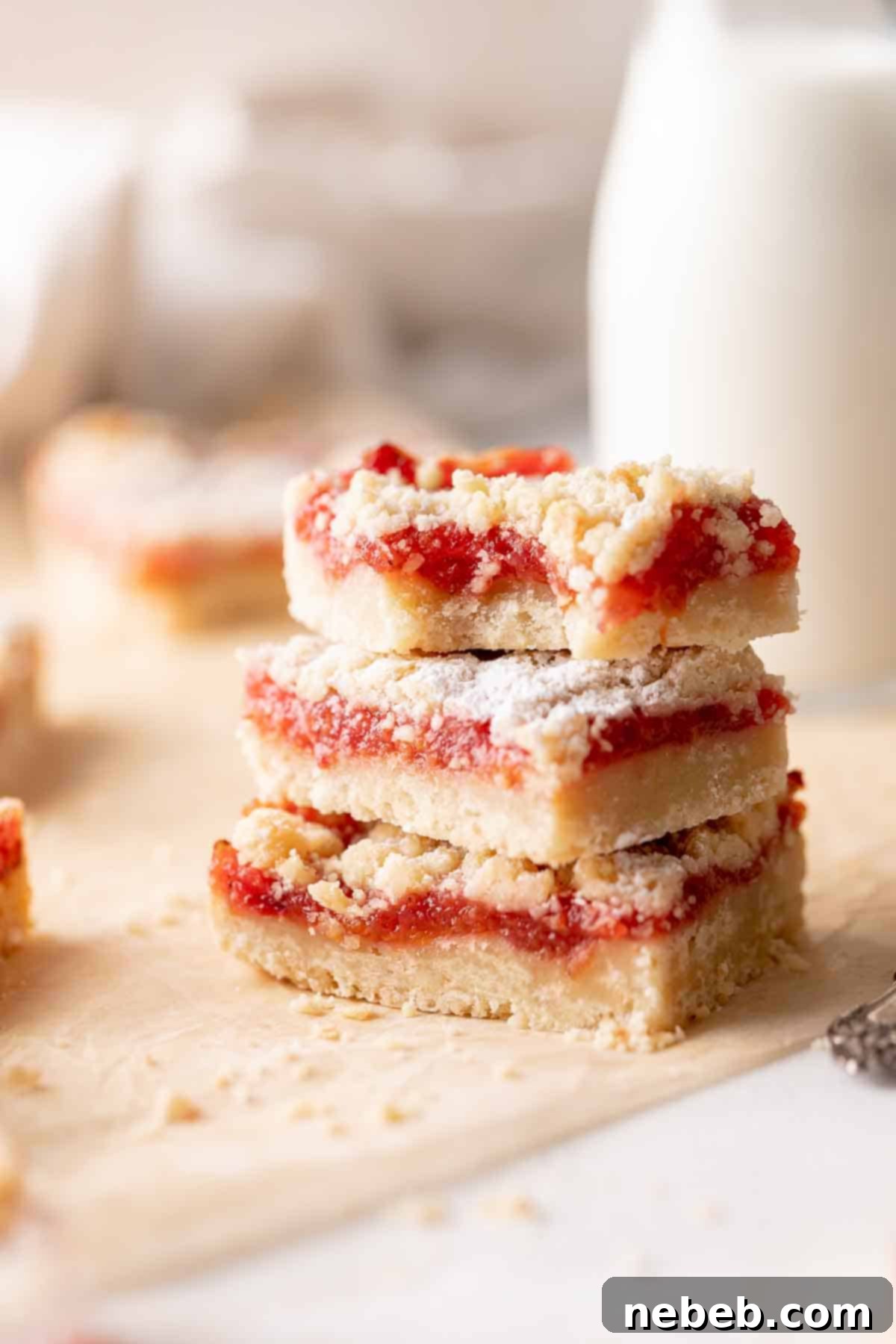 Stacked plum bars on a wooden surface, showing the layers of shortbread and jam.
