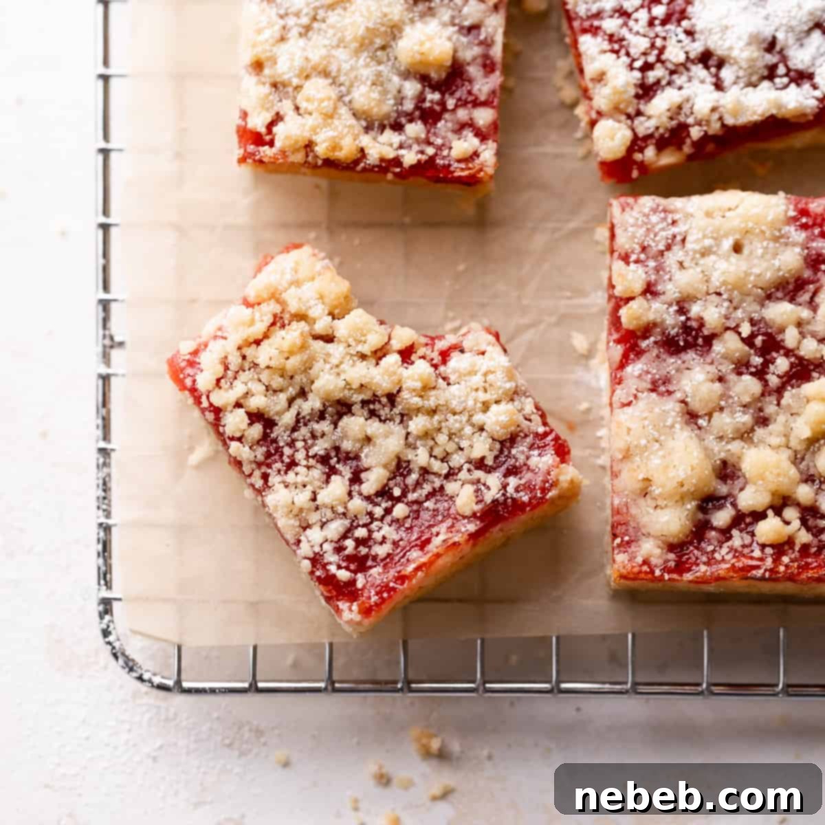 Plum bars on a wire cooling rack dusted with powdered sugar, ready to be served.