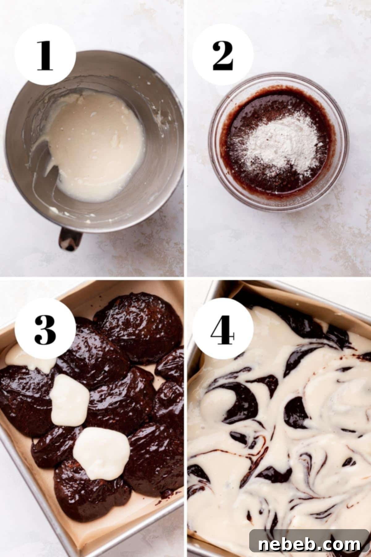 collage of the steps on how to make cheesecake brownies