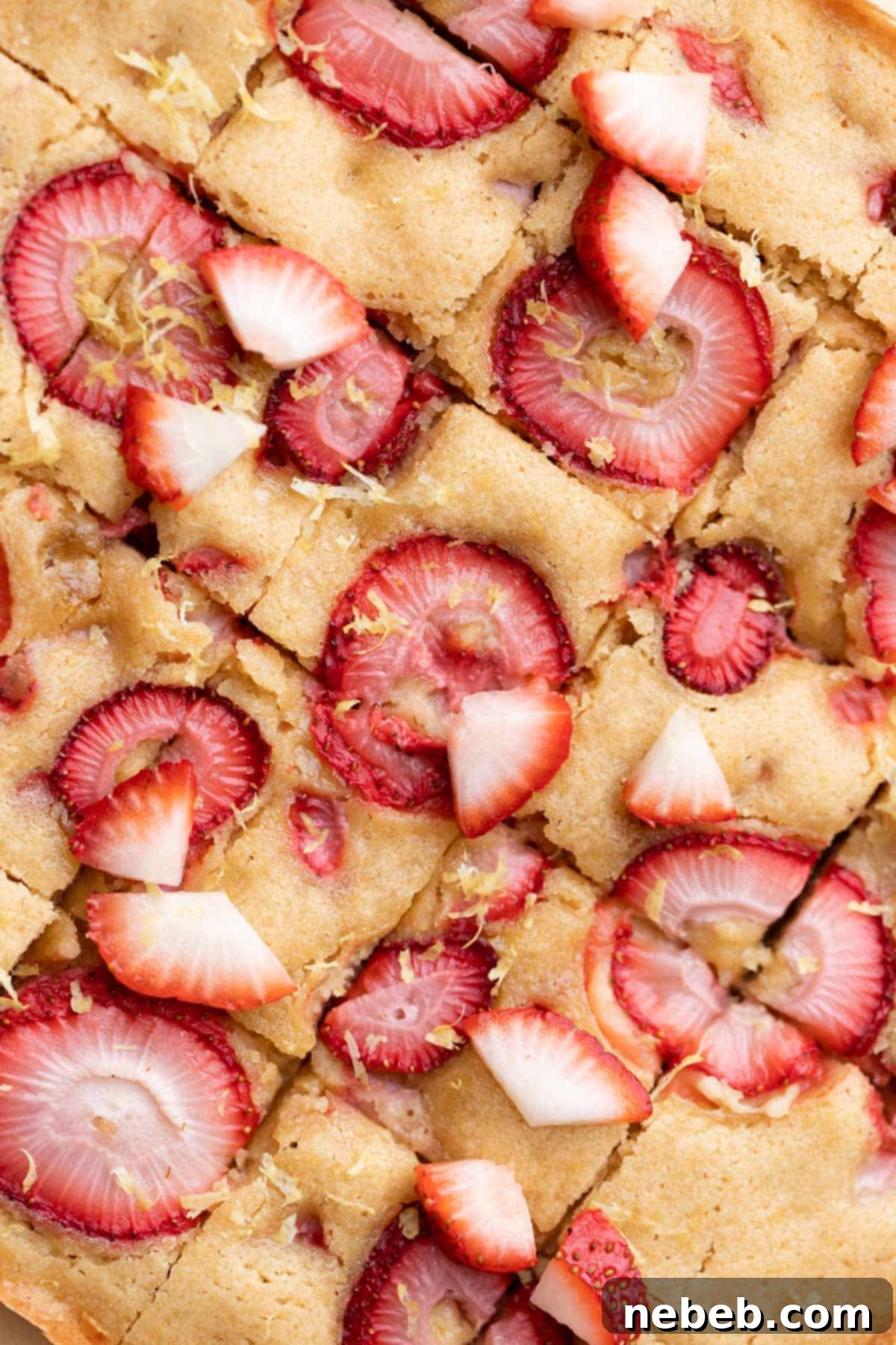 Strawberry lemon bars topped with fresh strawberries and fresh lemon zest, showcasing their vibrant colors and chewy texture.